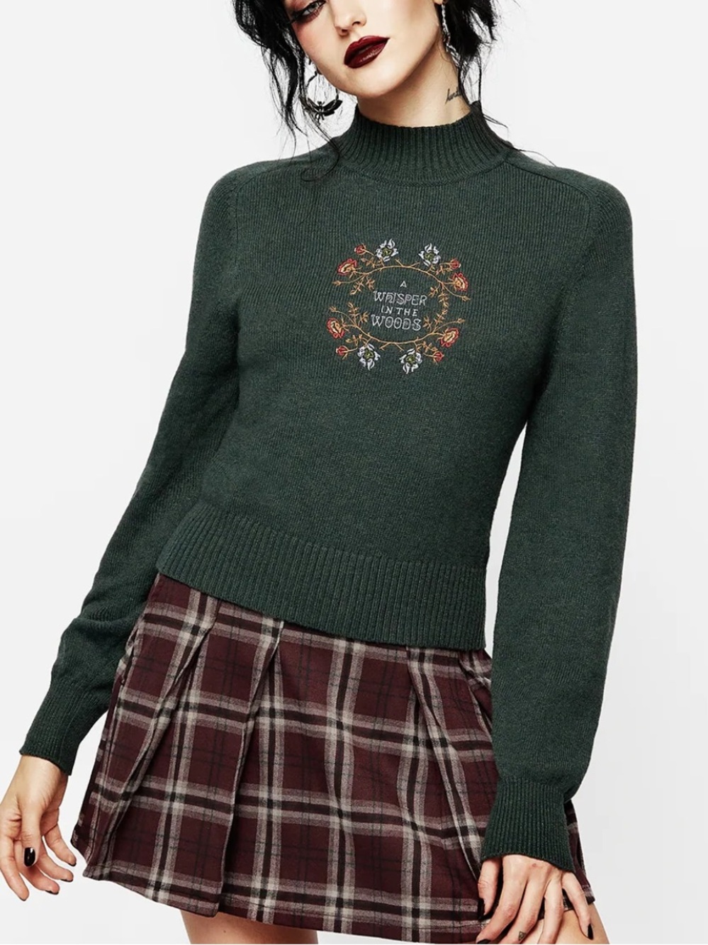 Disturbia Women M Dark Green Whisper Mock Neck Embroidered Knit Sweater